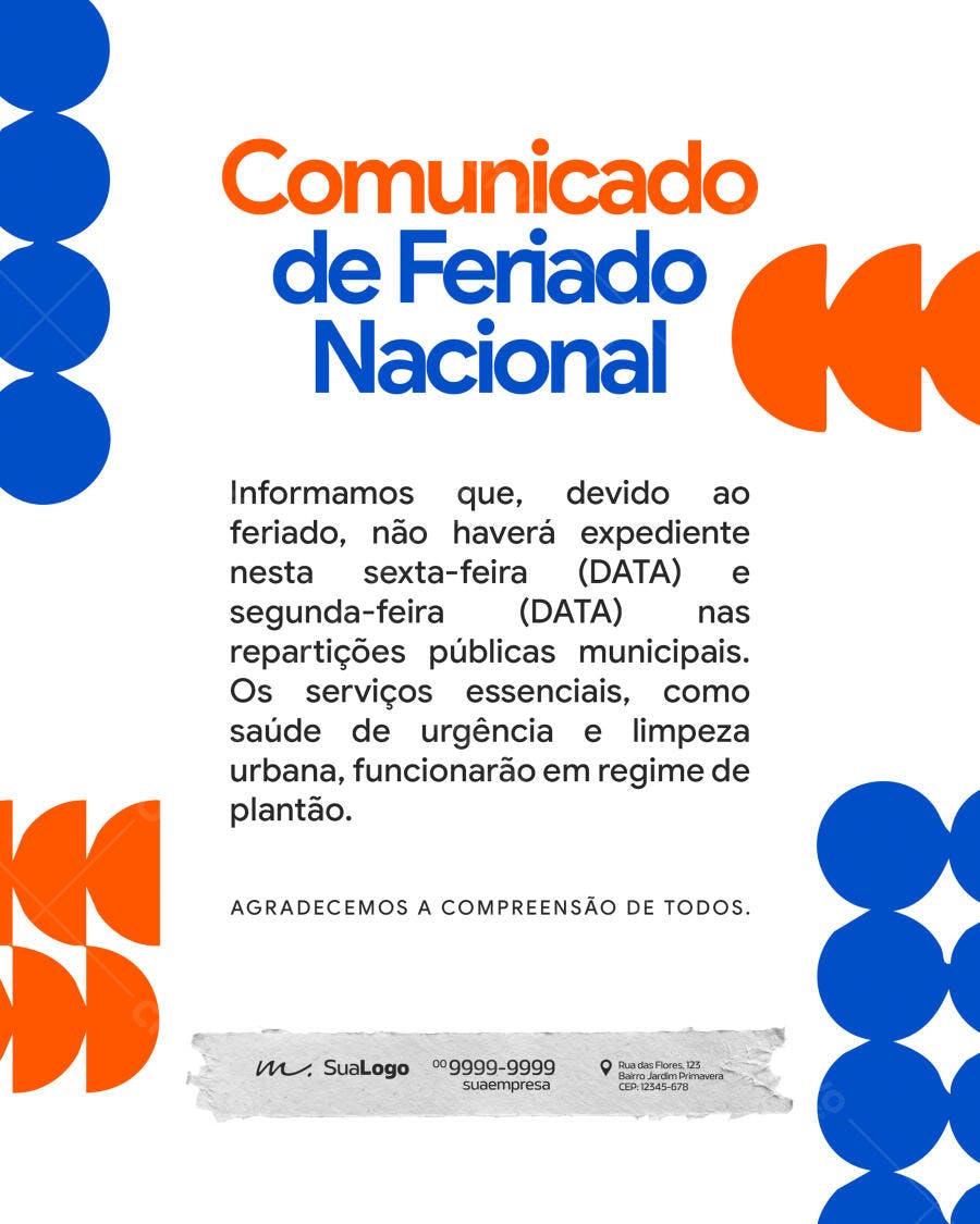 Comunicado de Feriado Nacional PSD Editável