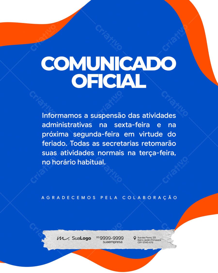 Comunicado Oficial Empresas Feriado PSD Editável