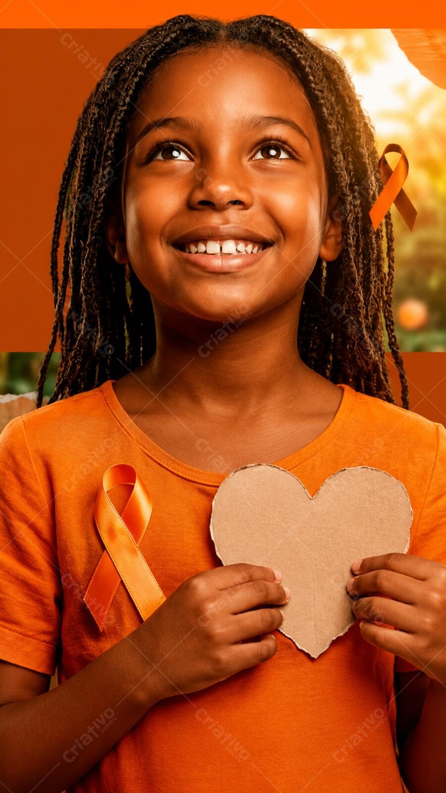 Foto Menina Negra Sorrindo Conscientização Fita Laranja Coração
