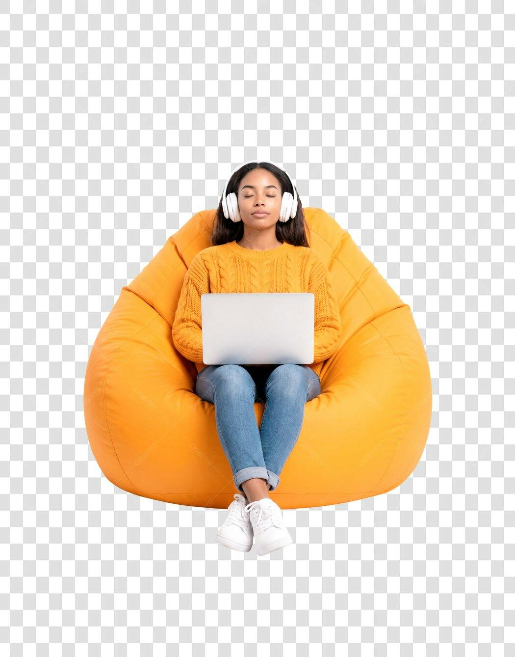 Foto Recortada Mulher Negra Fone Ouvido Notebook PNG Fundo Transparente
