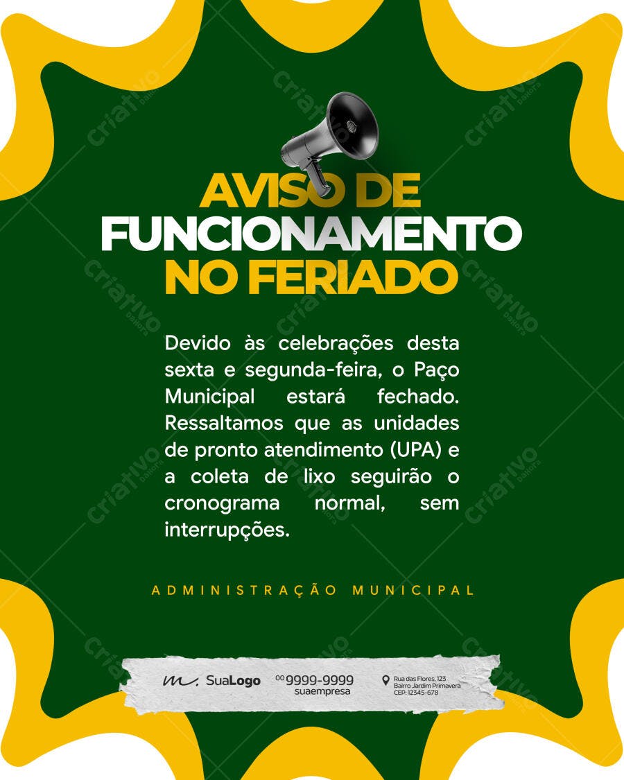 Post Instagram Aviso Funcionamento Feriado PSD Editável