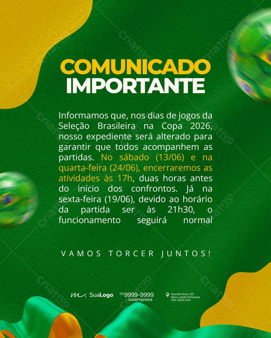 Post Instagram Copa do Mundo Brasil Comunicado PSD Editável