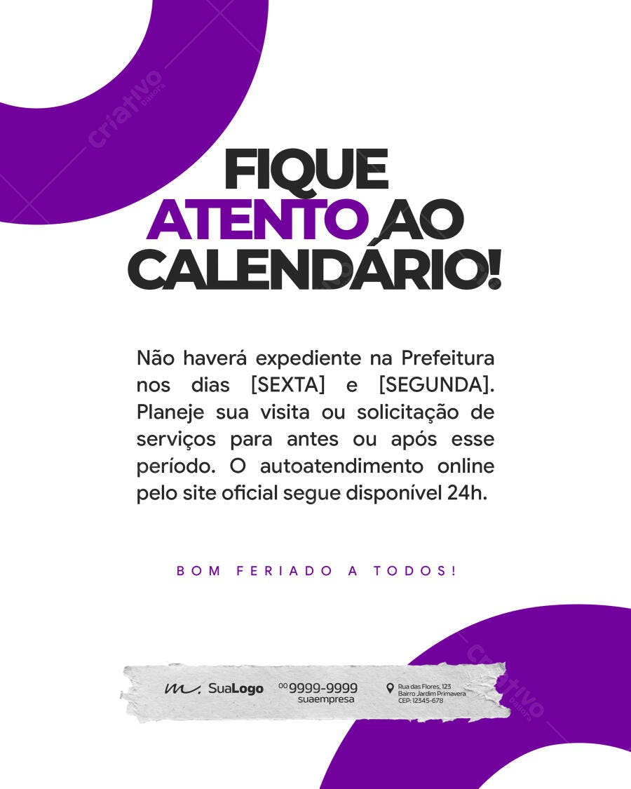 Post Social Media Aviso Feriado Prefeitura PSD Editável