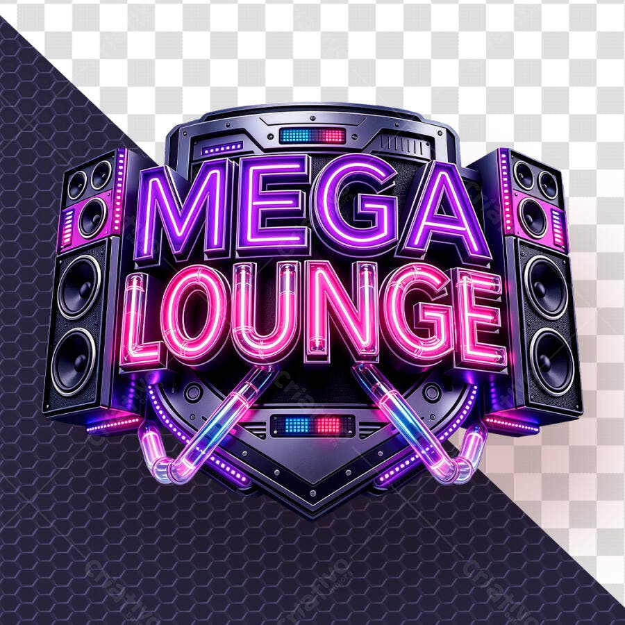 Badge 3D Mega Lounge Neon Roxo Rosa PNG Transparente