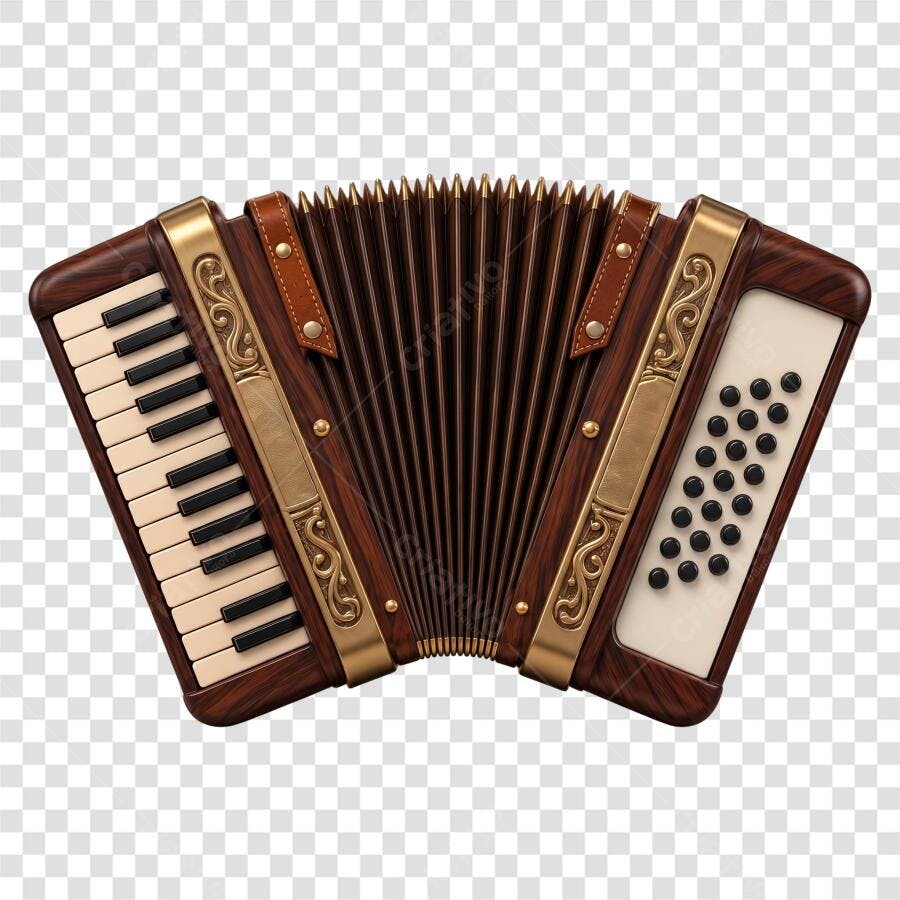 Elemento 3D Acordeon Marrom Dourado Instrumento Musical PNG Fundo Transparente