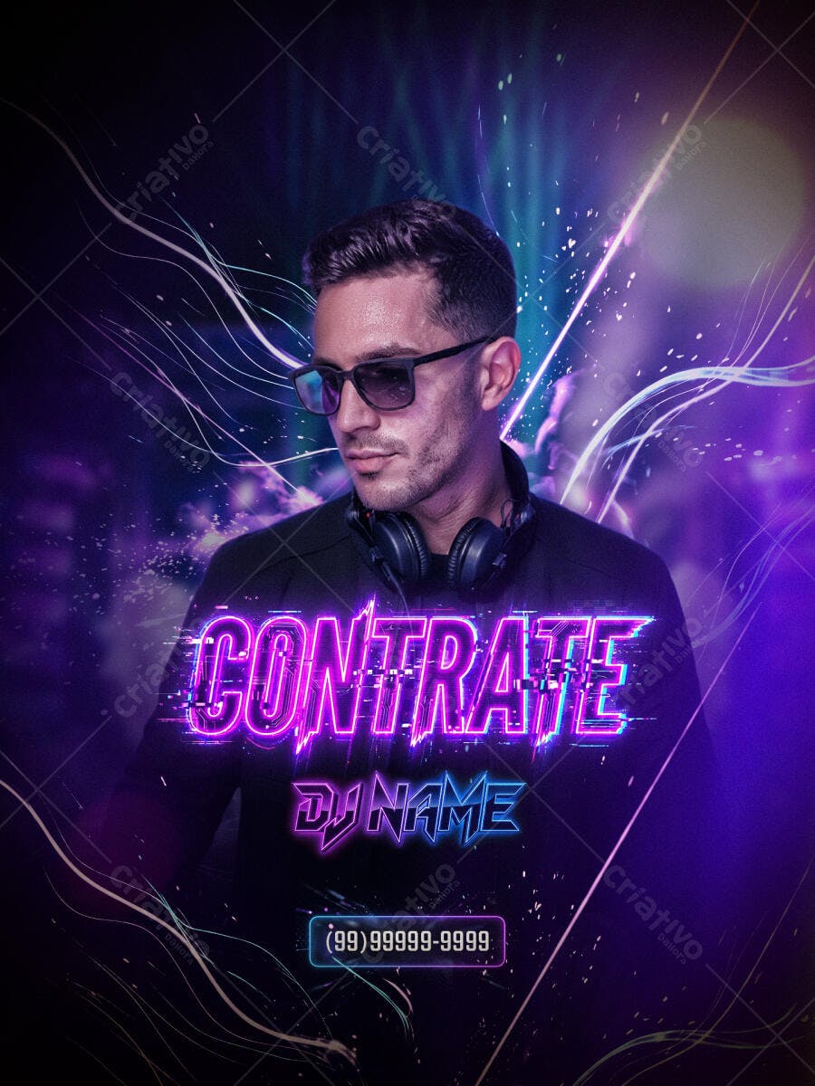 Flyer Contrate DJ Balada Neon PSD Editável