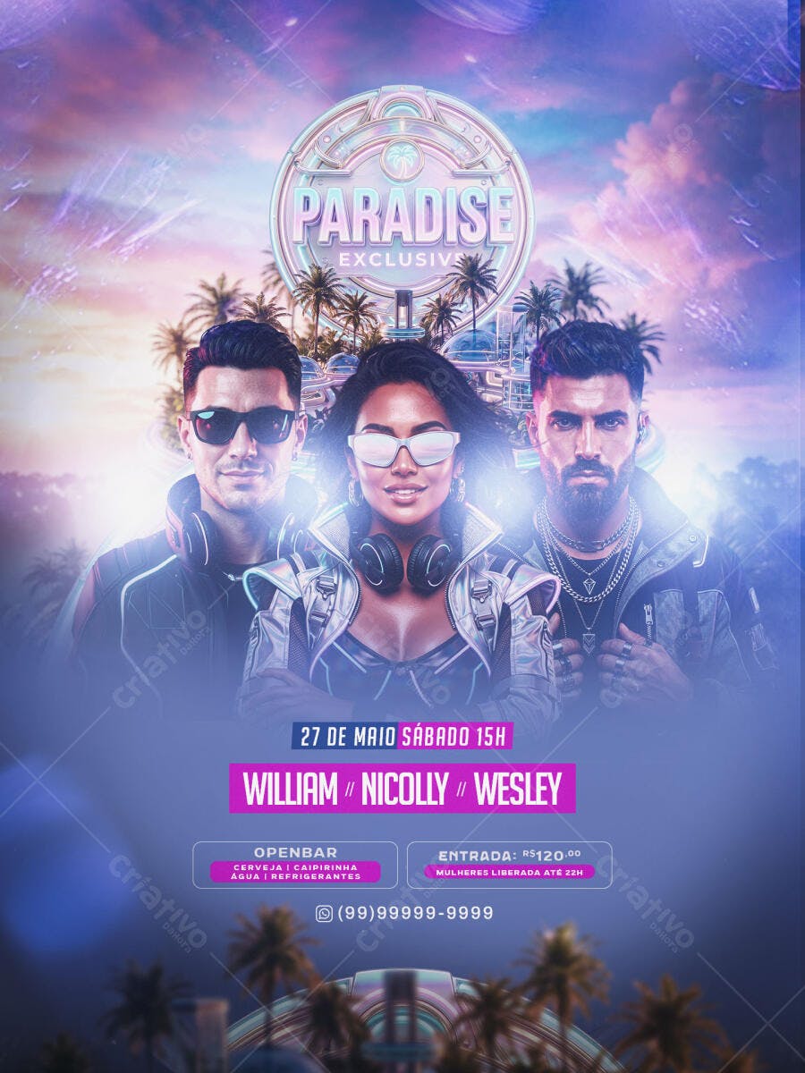 Flyer Festa Balada Eletrônica Paradise Exclusive PSD Editável