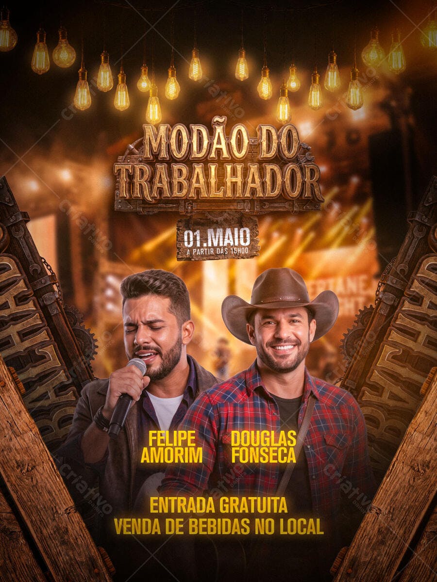Flyer Modão do Trabalhador 1 de Maio Sertanejo PSD Editável