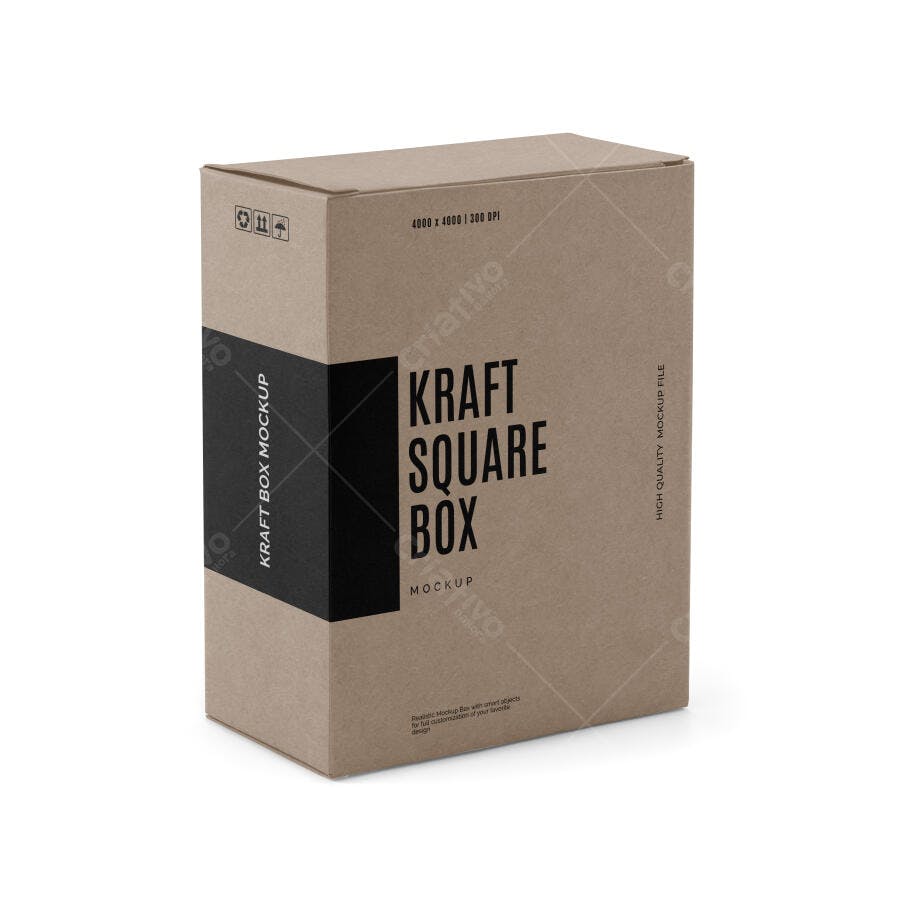 Mockup Caixa Quadrada Kraft 3/4 Fundo Branco Editável