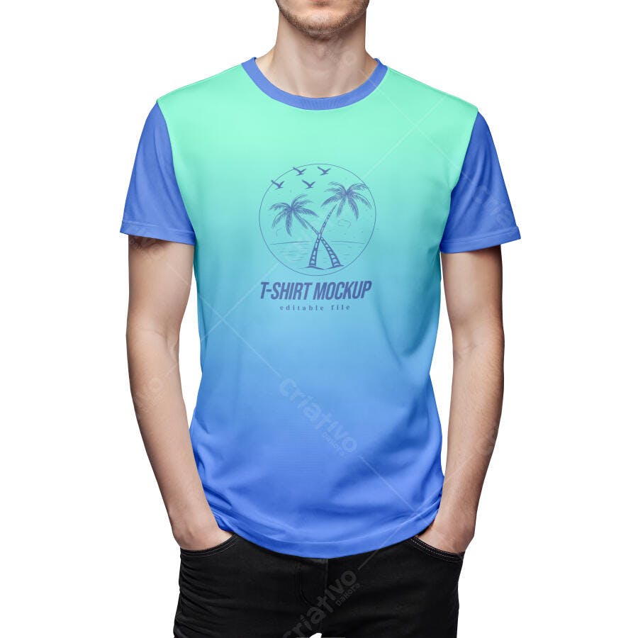 Mockup Camiseta Masculina Frente Fundo Branco Editável
