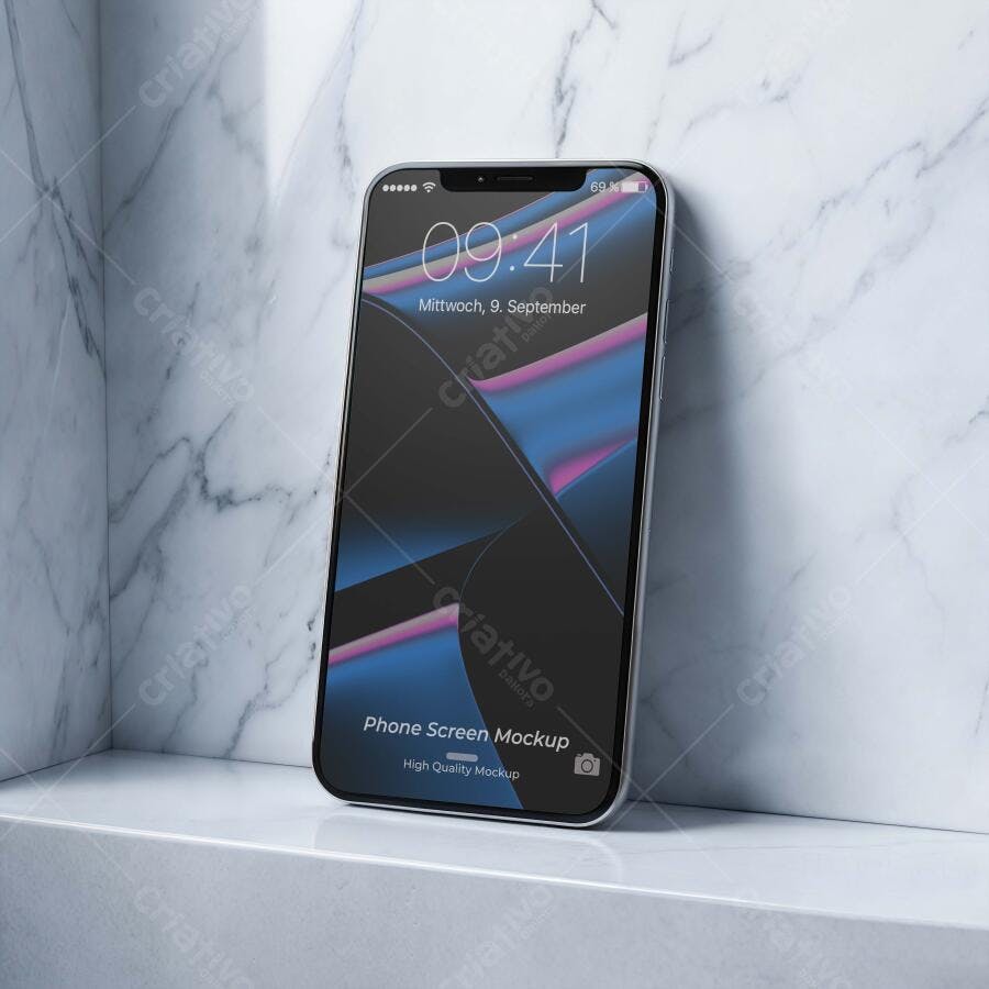 Mockup Celular iPhone Tela Fundo Mármore Editável