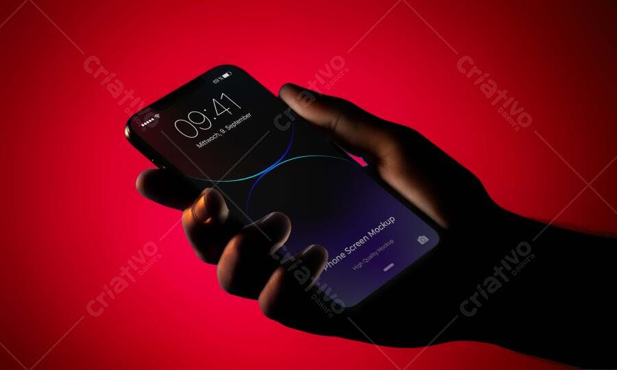 Mockup Celular Mãos Segurando Fundo Vermelho Editável
