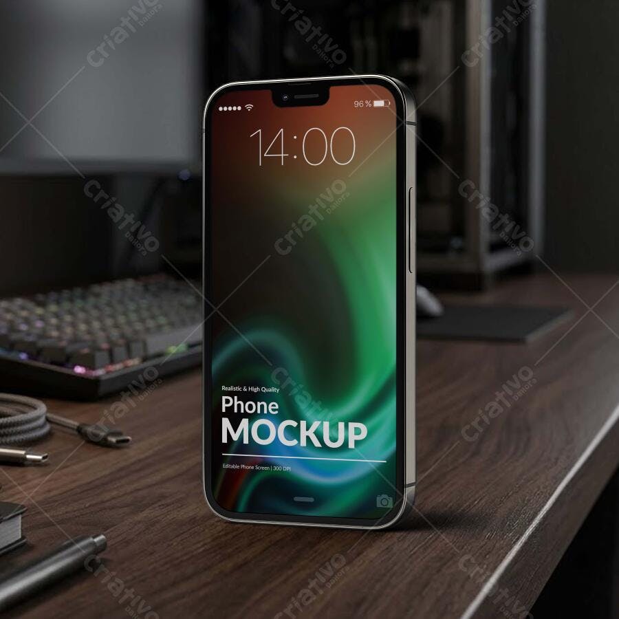 Mockup Celular Smartphone Frontal Mesa Madeira Editável
