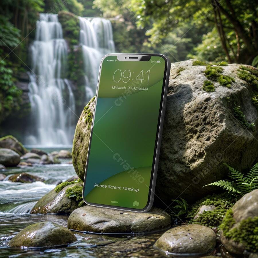 Mockup Celular Smartphone Natureza Cachoeira Editável