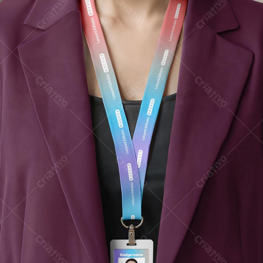 Mockup Crachá e Cordão Lanyard no Pescoço Editável