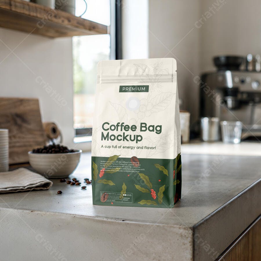Mockup Embalagem Café Saco Stand-up Cozinha Editável