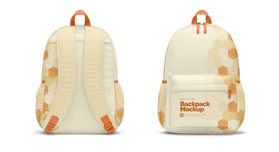 Mockup Mochila Escolar Frente e Verso Fundo Branco Editável