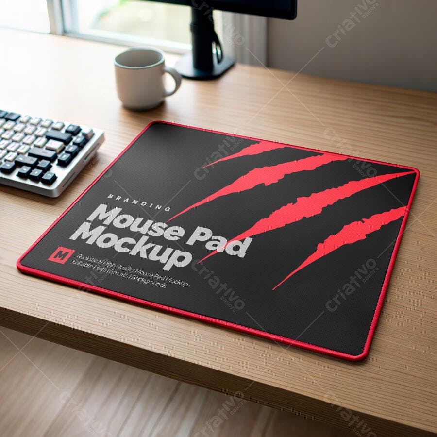 Mockup Mouse Pad Retangular Mesa Madeira Realista Editável