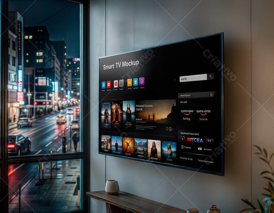 Mockup Smart TV Tela Plana Fundo Urbano Noturno Editável