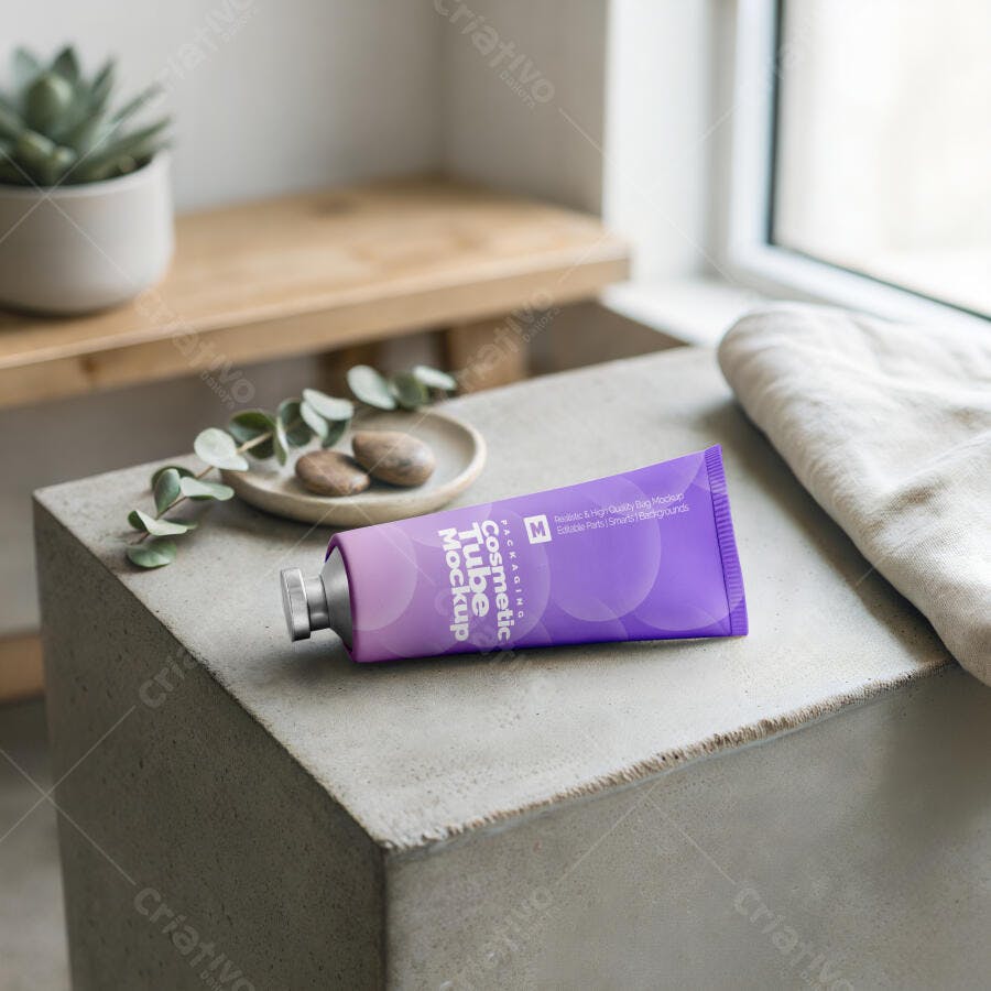 Mockup Tubo Cosmético Frasco Creme Concreto Editável
