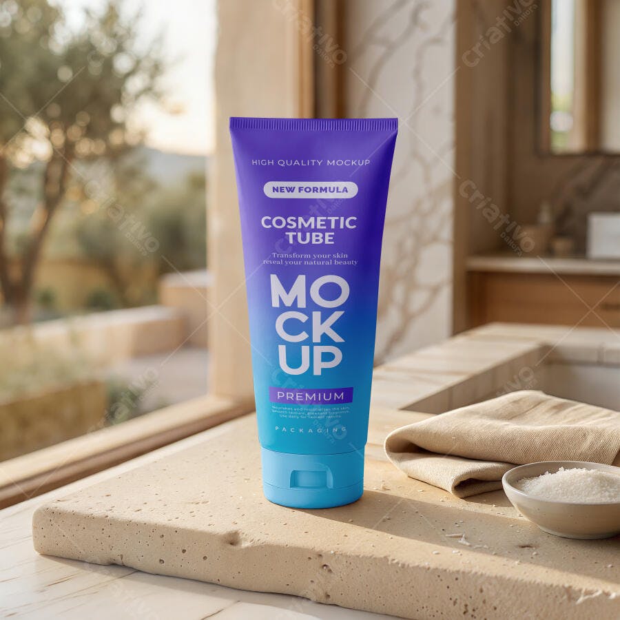 Mockup Tubo Cosmético Plástico Banheiro Realista Editável