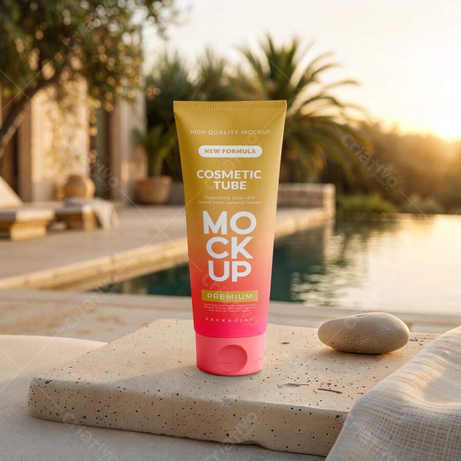 Mockup Tubo Cosmético Plástico Cenário Piscina Editável