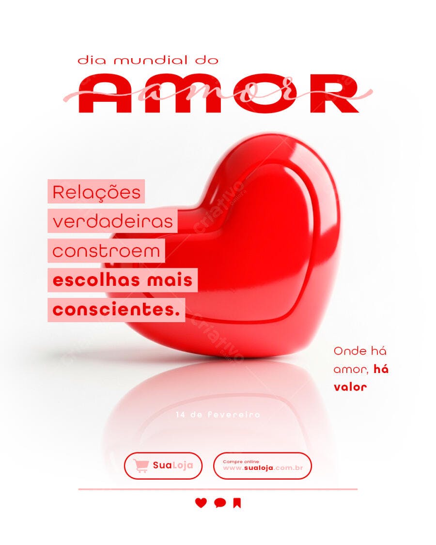 Post Instagram Dia Mundial do Amor 14 de Fevereiro PSD Editável