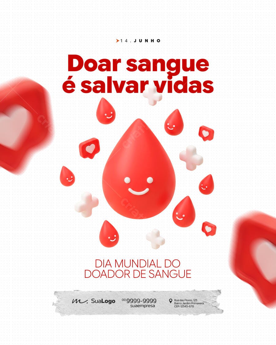 Post Instagram Dia Mundial do Doador de Sangue Junho PSD Editável