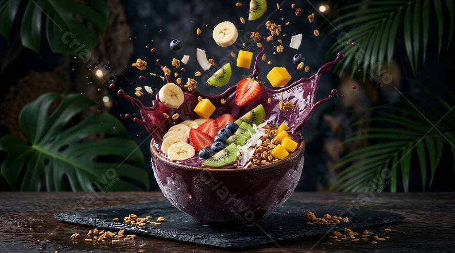 Foto Açaí Bowl com Frutas Granola e Splash Estúdio Escuro