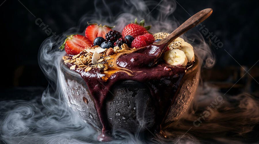 Foto Açaí Bowl com Frutas Granola Fumaça Estúdio Escuro