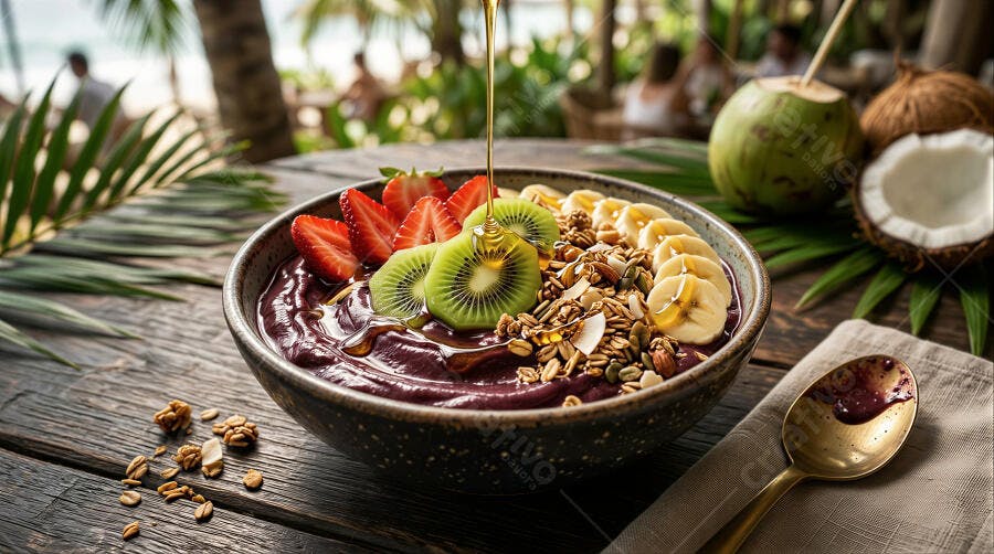 Foto Açaí Bowl com Frutas Granola Mel Mesa Madeira Praia
