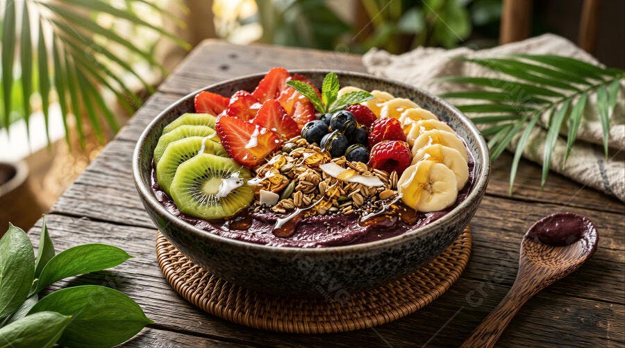 Foto Açaí Bowl com Frutas Granola Mesa de Madeira