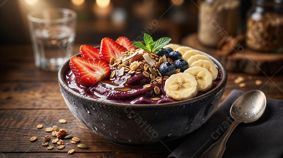 Foto Açaí Bowl com Frutas Granola Tigela Rústica