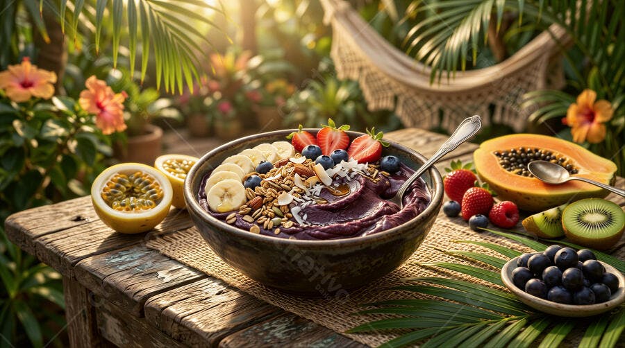 Foto Açaí Bowl com Frutas Tropicais Mesa Rústica Jardim