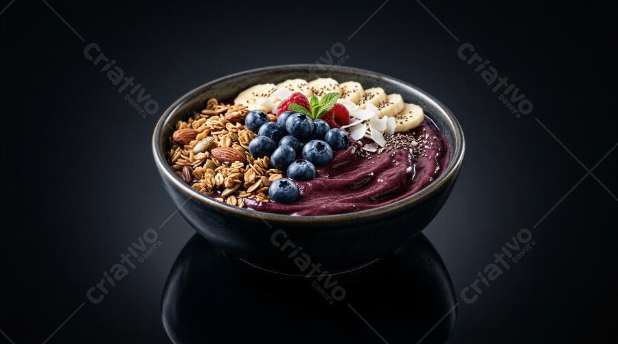 Foto Açaí Bowl com Granola Mirtilos Banana Fundo Escuro