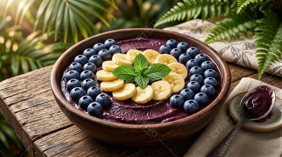 Foto Açaí Bowl com Mirtilos Banana Hortelã Mesa Rústica