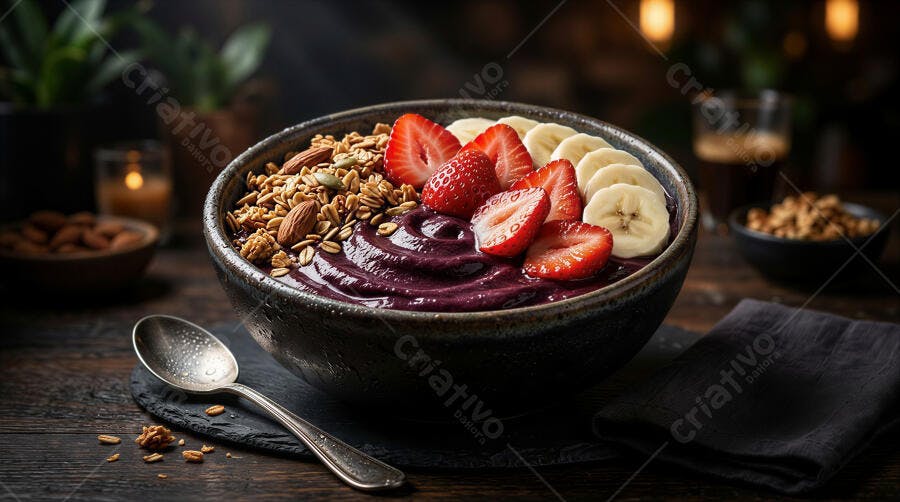 Foto Açaí Bowl com Morango Banana Granola Estilo Rústico
