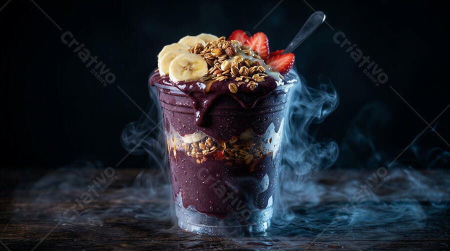 Foto Açaí com Banana Morango Granola Fumaça Fundo Escuro