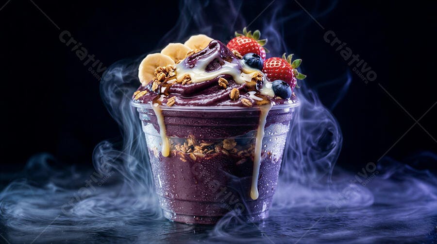 Foto Açaí com Banana Morango Granola Leite Condensado Fumaça