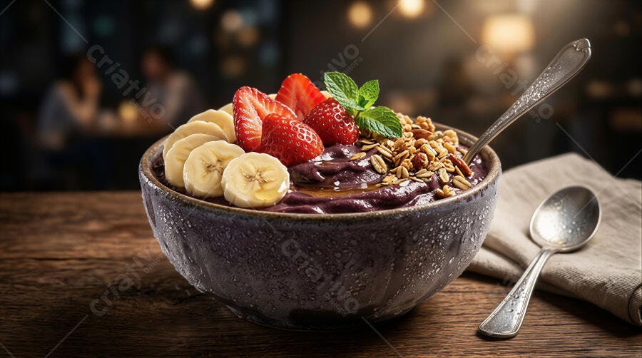 Foto Açaí com Banana Morango Granola Mesa Madeira Restaurante