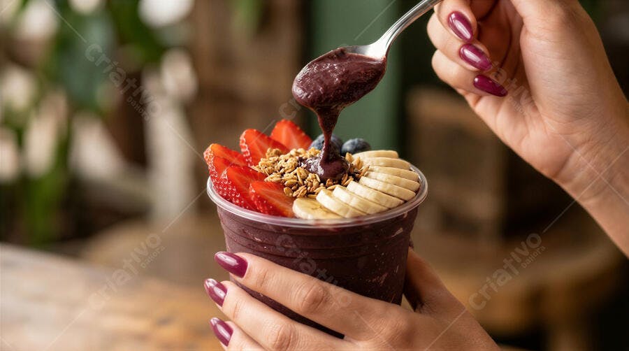 Foto Açaí com Frutas Granola Mulher Comendo Tigela Saudável