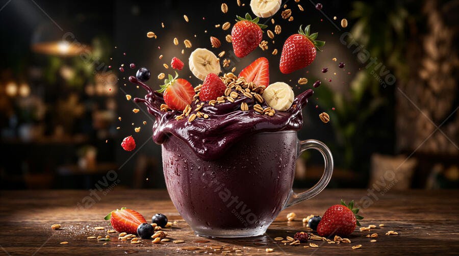 Foto Açaí com Granola Frutas Vermelhas Banana Tigela de Vidro