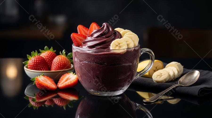 Foto Açaí com Morango Banana Fundo Escuro Produto