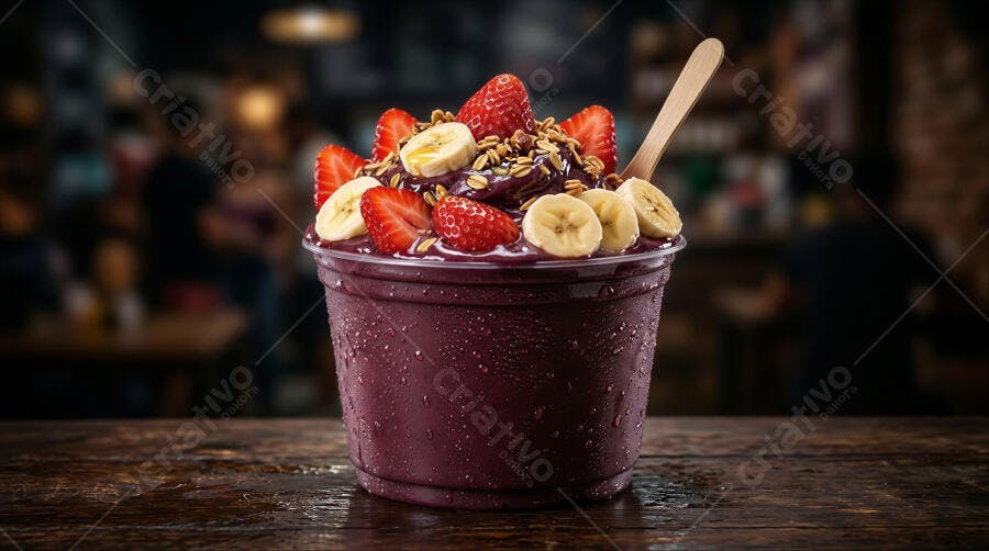 Foto Açaí com Morango Banana Granola Colher Madeira Mesa Rústica