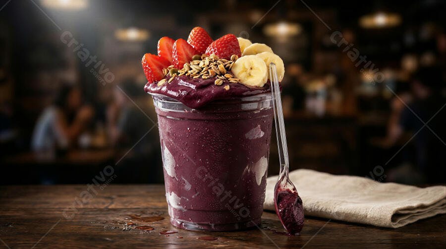 Foto Açaí com Morango Banana Granola Copo Mesa Madeira