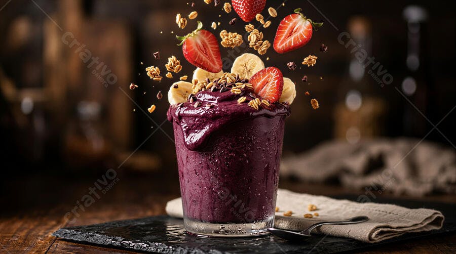 Foto Açaí com Morango Banana Granola Flutuando Estúdio