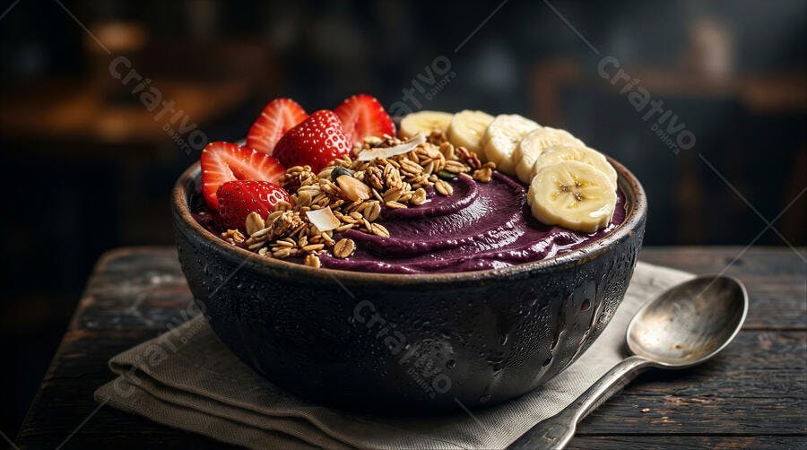 Foto Açaí com Morango Banana Granola Tigela Rústica