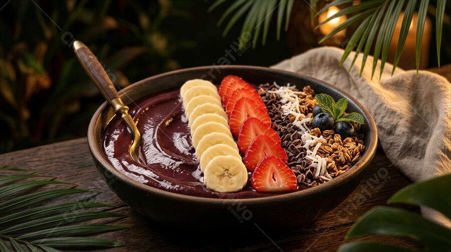 Foto Açaí na Tigela com Banana Morango Granola Estúdio Escuro