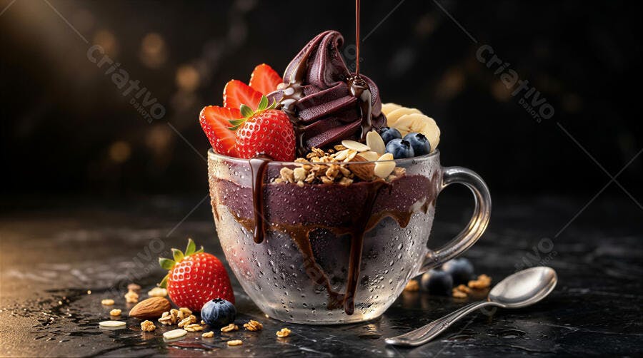 Foto Açaí na Tigela com Morango Banana Granola Calda Chocolate