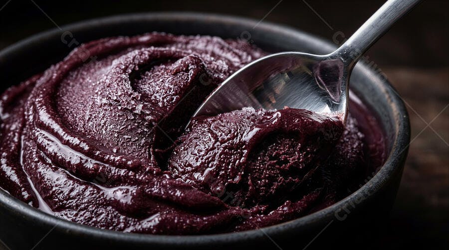 Foto Açaí na Tigela Escura com Colher Fundo Preto